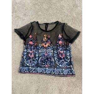Sheer Black Embroidered Floral Paisley‎ Top Blouse Festival Party Medium